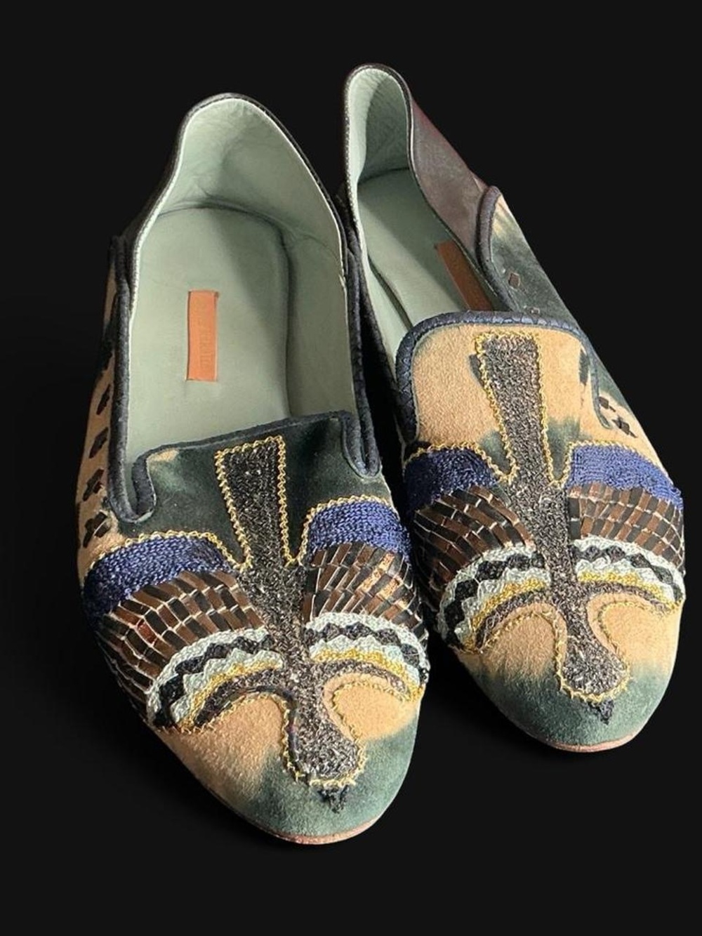 Meher Kelalia Handcrafted Embroidered Green & Tan Women’s Slip-On Loafers